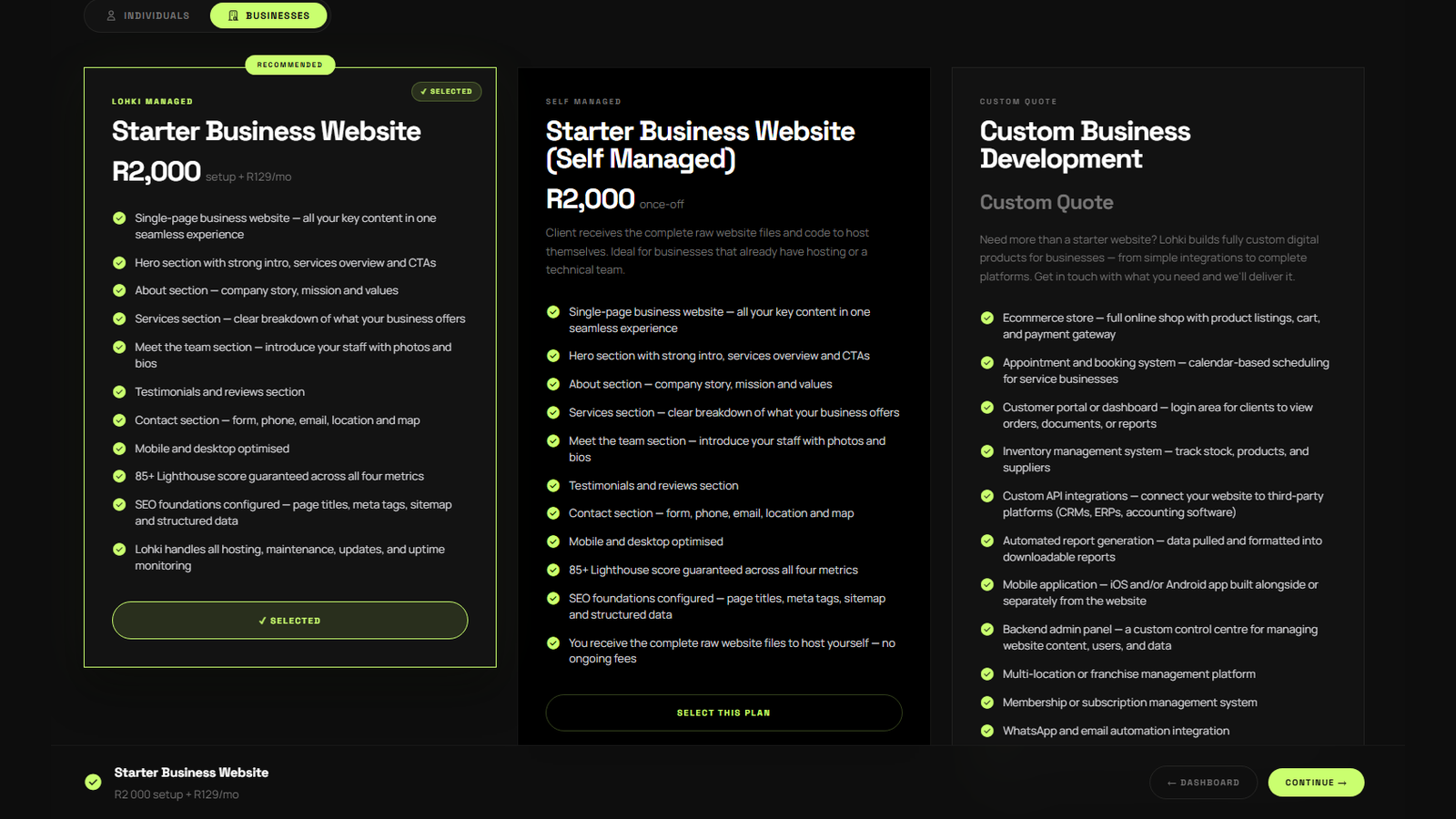 Lohki plans — Starter, Advanced, and Custom for financial services practices