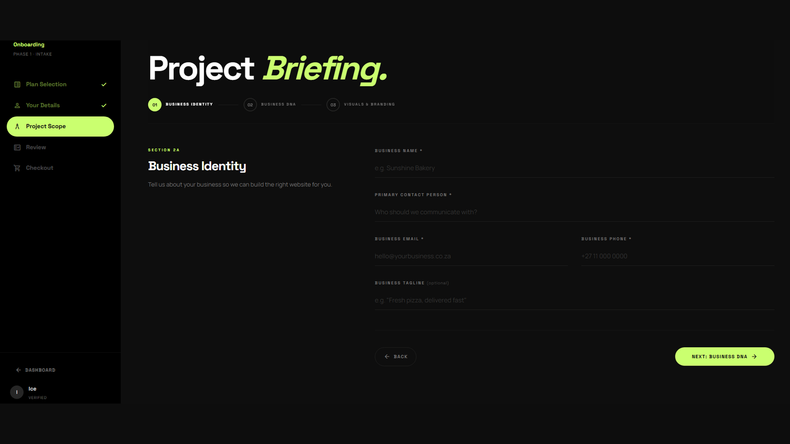 Lohki brief form — practice details, services, team, and branding